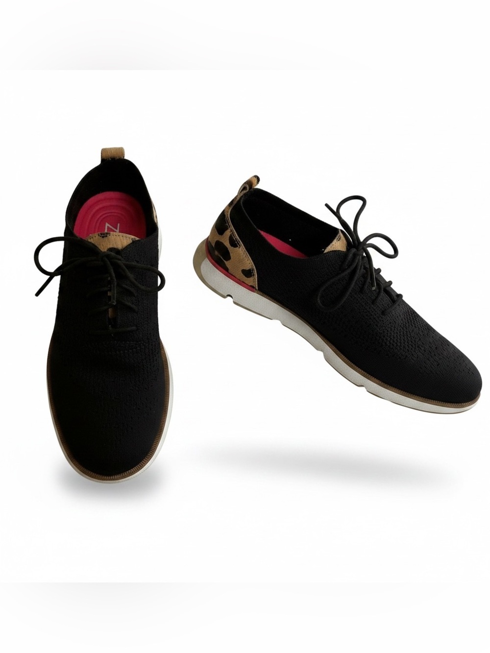 Cole Haan ZEROGRAND Stitchlite Oxfords Black Knit Leopard Calf Hair Sz 7.5B